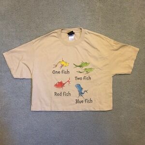 VTG Dr Seuss One Fish Two Fish Red Fish Blue Fish Tan Graphic Crop T-Shirt Large